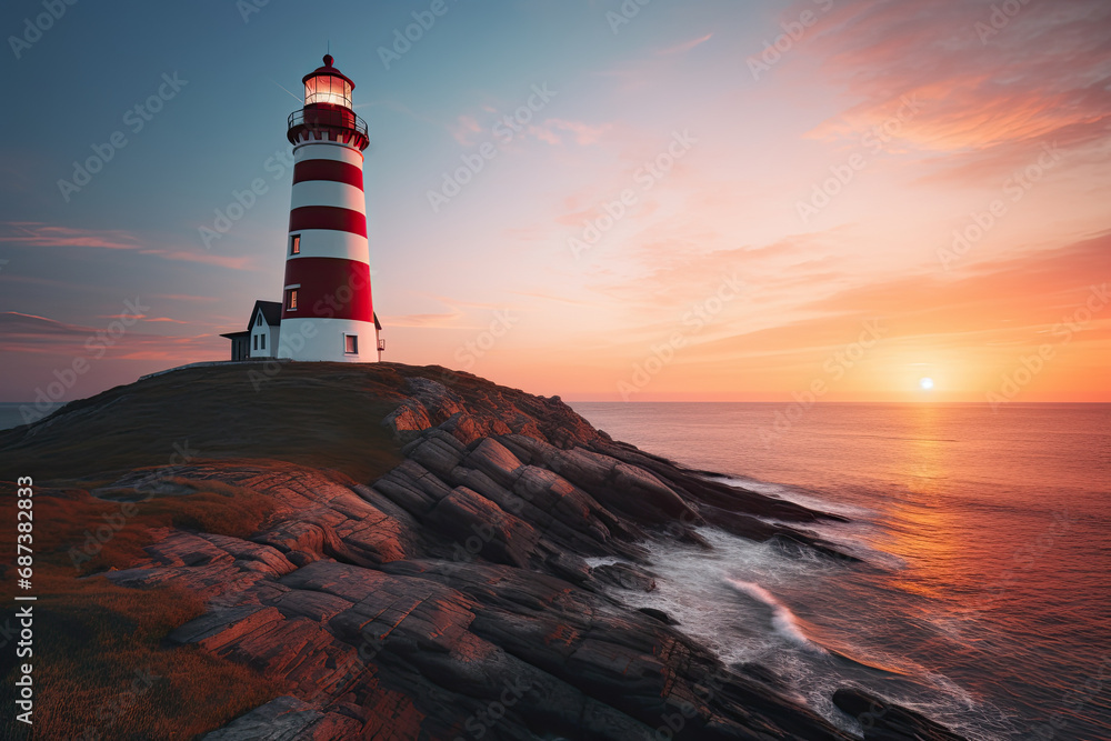 lighthouse in the ocean at sunset