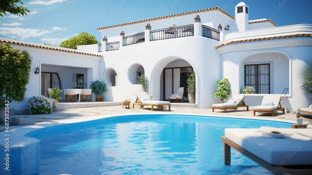 Traditional mediterranean white house. Summer architectural background with blue sky