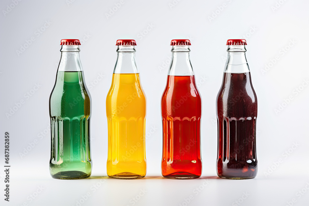 four different colored soda bottles isolated on white background