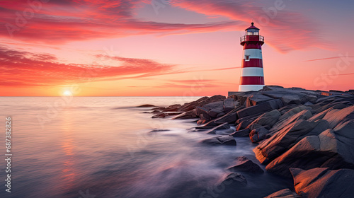 Foto lighthouse in the ocean at sunset