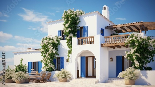 Traditional mediterranean white house. Summer architectural background with blue sky photo