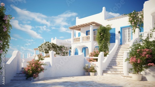 Traditional mediterranean white house. Summer architectural background with blue sky