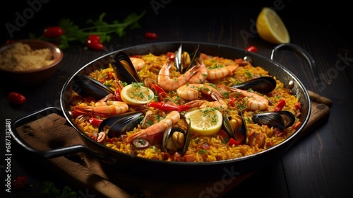  Traditional Spanish paella with seafood and chicken