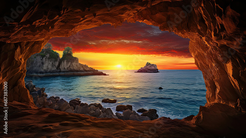 view from the stone cave at sunset. sunset from the cave with sea in the background © Rangga Bimantara