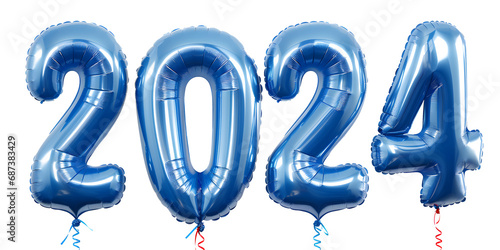 2024 helium mylar balloons isolated on transparent background - new year celebration design element PNG cutout photo