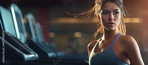 Youthful woman works out sadly at the gym, doing cardio to shed pounds and hydrating.