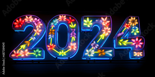 2024 new year floral neon light sign background