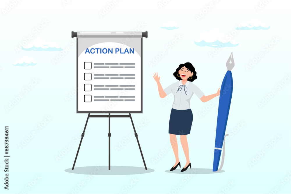 Fototapeta premium Businesswoman present action plan with checklist step on whiteboard, action plan step by step checklist to progress and finish project, procedure or action steps to develop and complete work (Vector)
