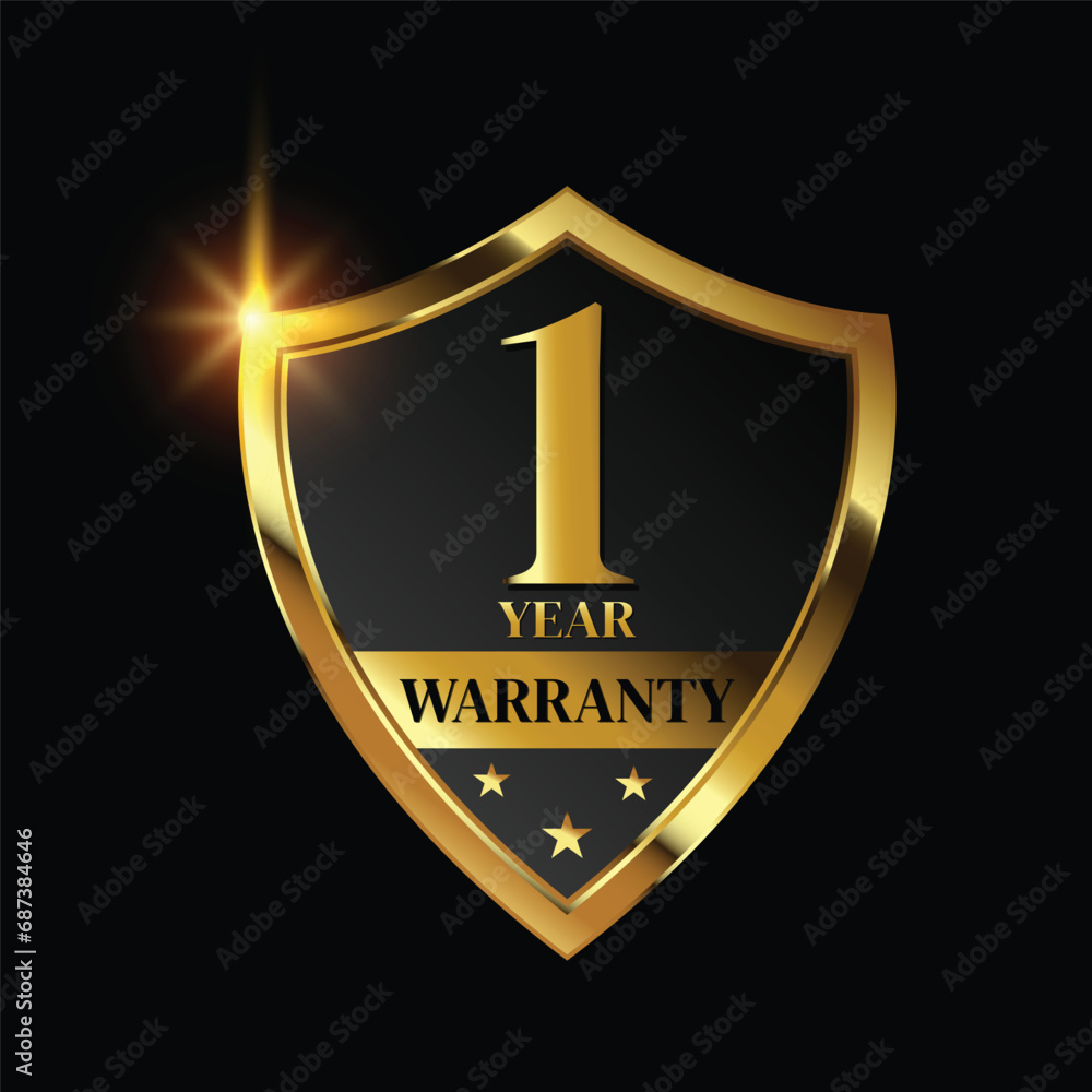 1 year warranty logo with golden shield and golden ribbon.Vector illustration. 1 year warranty logo with golden shield and golden ribbon.Vector illustration.