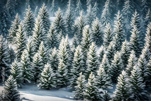 A cluster of evergreen trees dusted with snow, creating a peaceful winter tableau.
