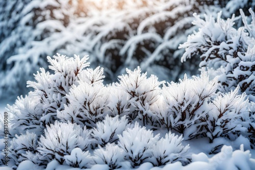 A cluster of snow-covered bushes, each branch adorned with delicate frost.