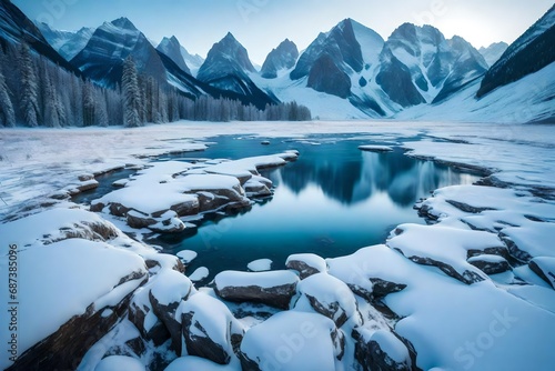 A frozen river winding through a snowy valley, surrounded by majestic mountains.
