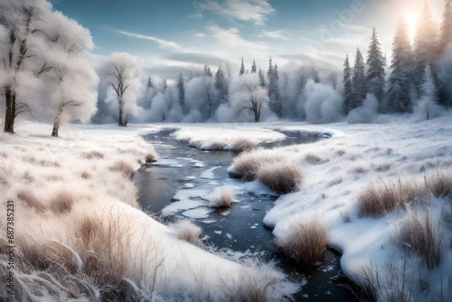 A frozen stream winding its way through a snowy meadow, surrounded by frosted trees. © Zeeshan Qazi