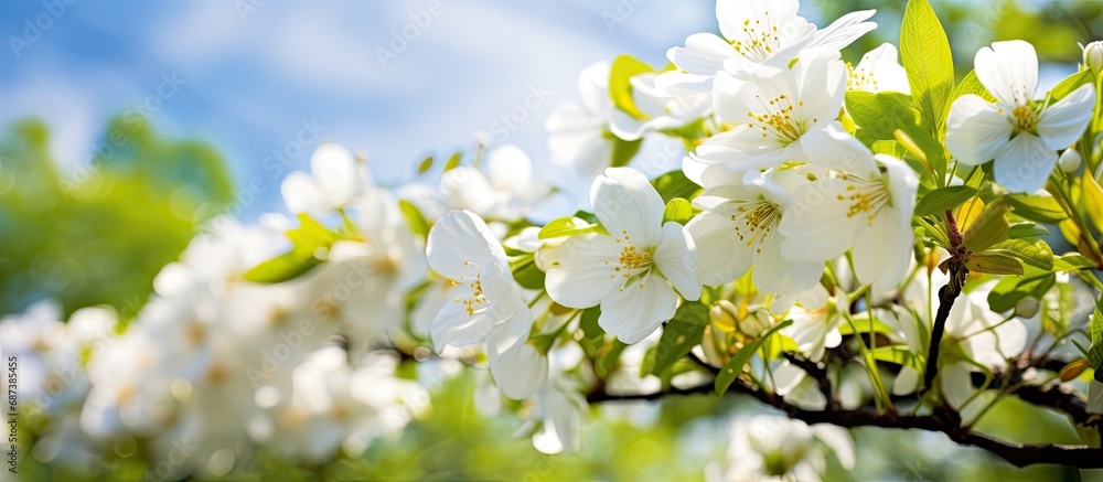 The blooming white flowers are beautiful with yellow in the middle, surrounded by green nature and a shining sky.