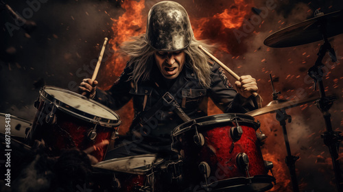 Intense drummer performing with fiery backdrop.