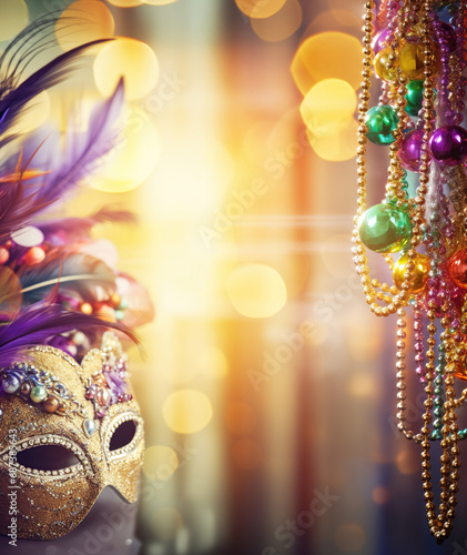 Carnival mask, colorful Mardi Gras beads and bokeh lights festive background © dvoevnore
