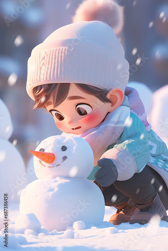 During the Great Cold Season, 3D scene illustration of children making snowmen during winter outdoor activities photo