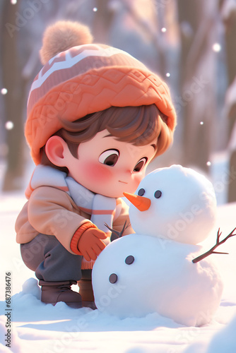 During the Great Cold Season, 3D scene illustration of children making snowmen during winter outdoor activities photo