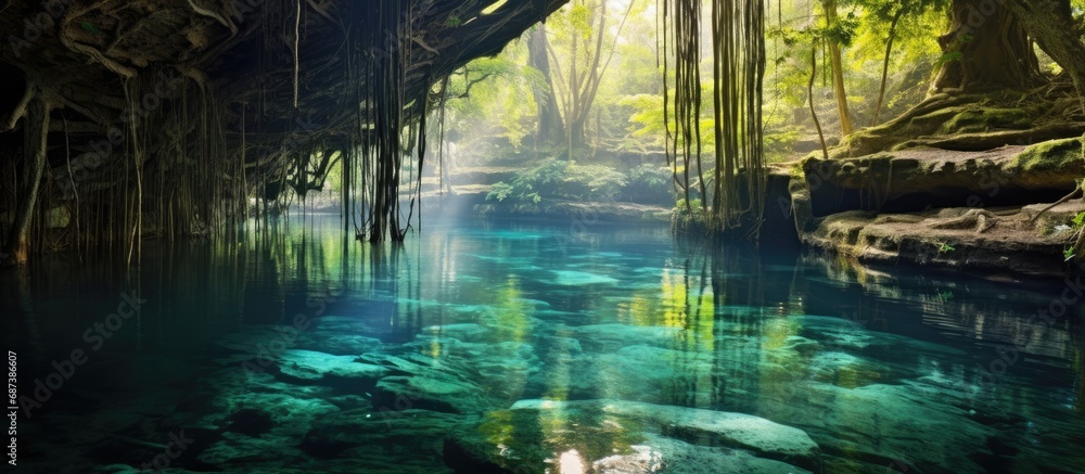 Beautiful cenote in Yucatan Peninsula with clear waters and hanging roots.