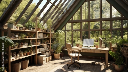 Workplace in glasshouse surrounded with green leafy potted plants. Remote office in cozy atmosphere © Tazzi Art