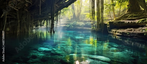 Beautiful cenote in Yucatan Peninsula with clear waters and hanging roots.