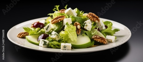 Salad with green vegetables, fruit, nuts, and cheese.