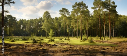 A new open space in summer Latvia with remaining trees.