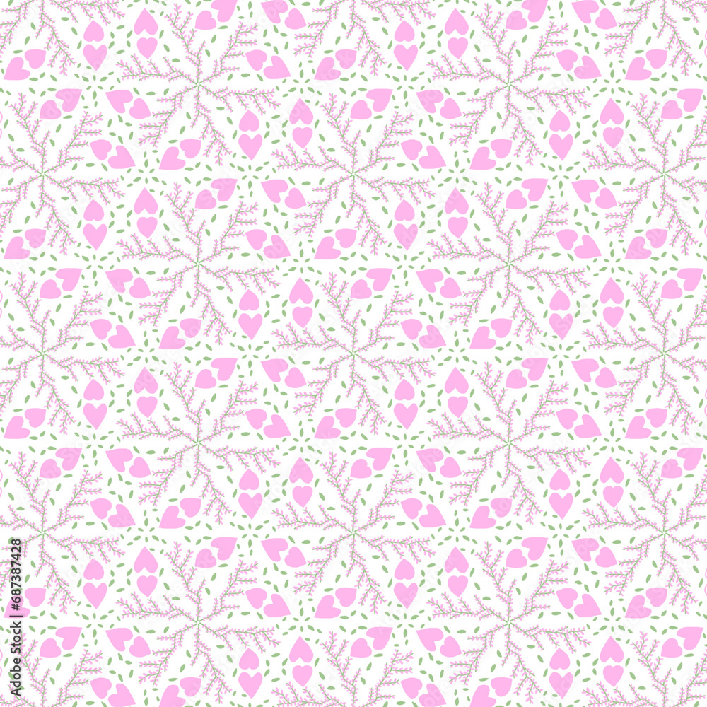 Seamless pattern with pink hearts and green leaves on a white background.
