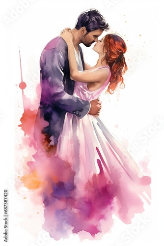 romantic couple in watercolor style on white background  copy space   generative ai