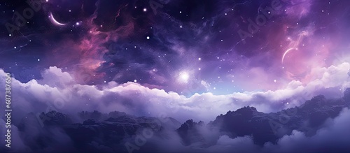 Observing a serene, dreamlike space adorned with vibrant purple and pink swirls along with sparkling stars. photo