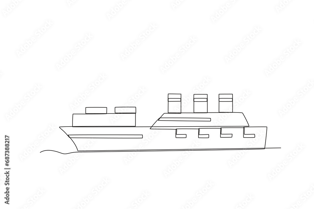 One line drawing of modern Cruise ship. Sea or river ship, flat icon. Sea and river vehicles. Water transport. Continuous line draw design graphic vector illustration
One line drawing of modern Cruise ship. Sea or river ship, flat icon. Sea and river vehicles. Water transport. Continuous line draw design graphic vector illustration