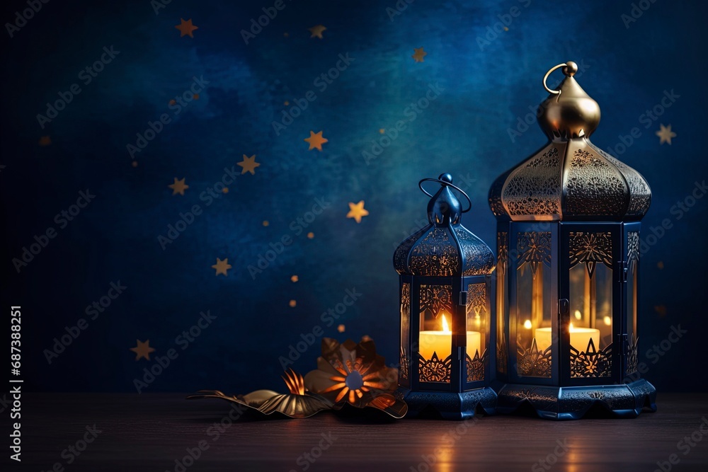 eid al fitr greeting with lanterns on dark blue background with generative ai eid al fitr greeting with lanterns on dark blue background with generative ai