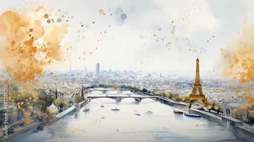 Paris Olympic Games 2024 Background Wallpaper Template Eiffel Tower Seine River Opening Ceremony Celebration for Presentation Slides Watercolor Illustration with Copy Space 16:9