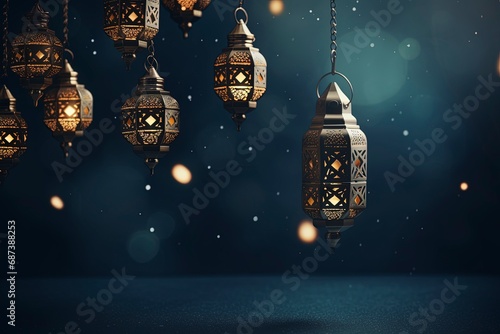 eid al fitr greeting with lanterns on dark blue background with generative ai