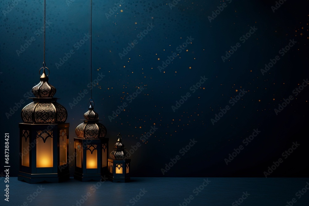 eid al fitr greeting with lanterns on dark blue background with generative ai eid al fitr greeting with lanterns on dark blue background with generative ai