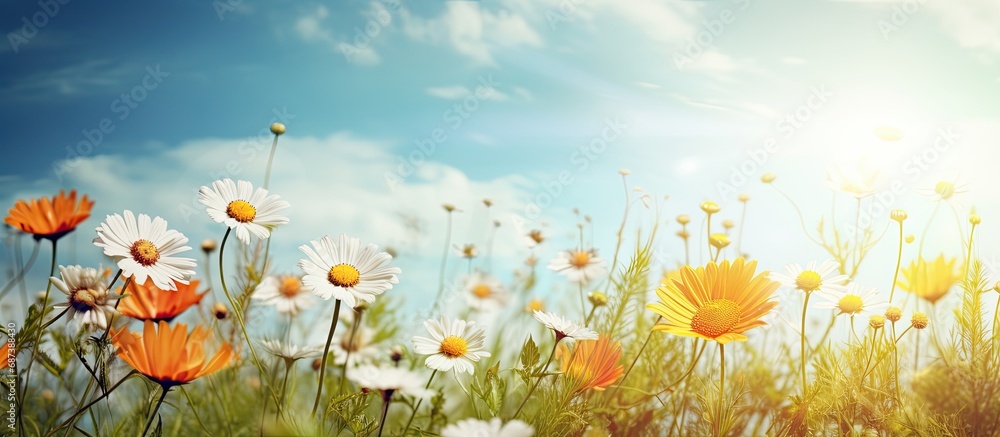 The vibrant flowers are blooming beautifully, surrounded by green nature, open sky, and shining sun.