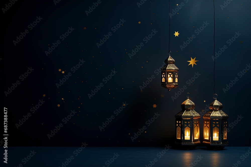 Obraz premium eid al fitr greeting with lanterns on dark blue background with generative ai