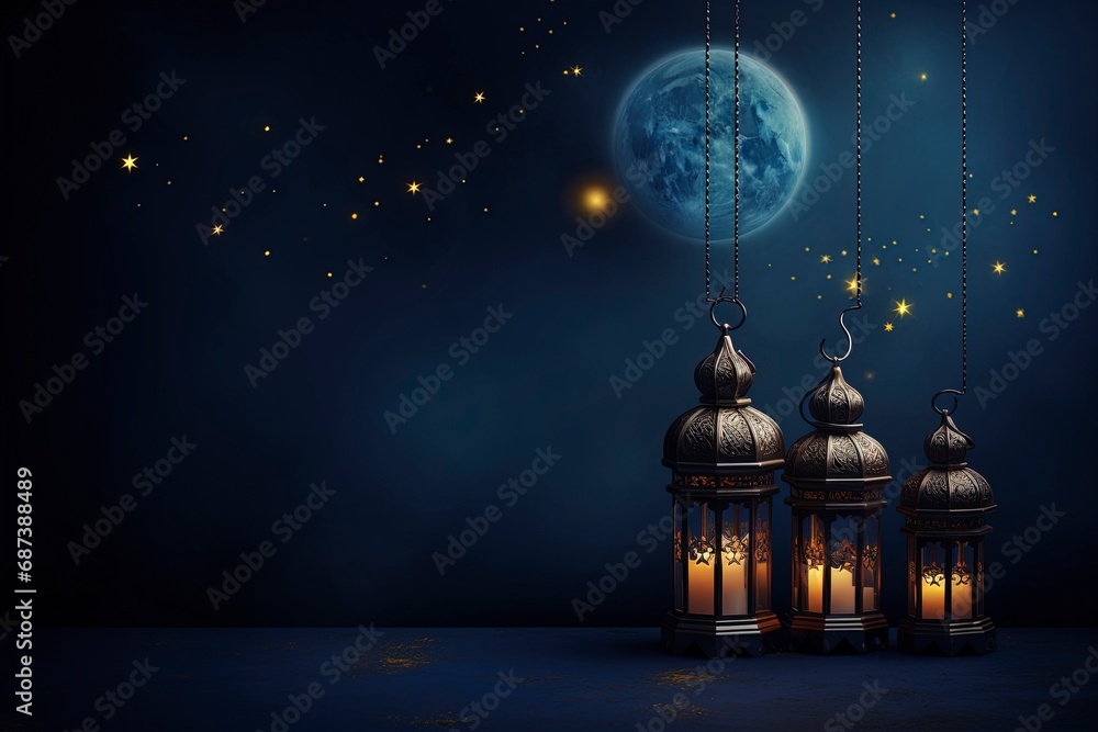 eid al fitr greeting with lanterns on dark blue background with generative ai eid al fitr greeting with lanterns on dark blue background with generative ai