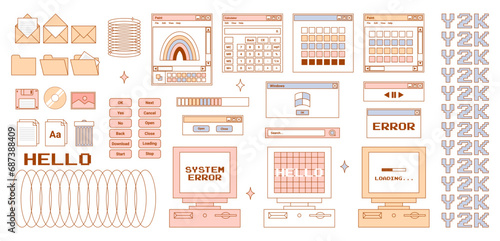 User Interface y2k stickers. Retro icon browser, buttons, screen computer, folder, file, document thumbnails, loading progress bar, notifications and more. Delicate pastels vector illustration.