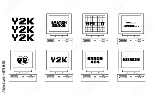 User Interface y2k stickers. Retro personal computers icon in flat style. Nostalgia pc elements and operating system. Black white colors. Vector illustration.