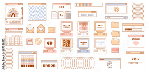 User Interface y2k stickers. Retro icon browser, buttons, screen computer, folder, file, document thumbnails, loading progress bar, notifications and more. Delicate pastels vector illustration.