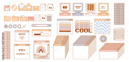 User Interface y2k stickers. Retro icon browser, buttons, screen computer, folder, file, document thumbnails, loading progress bar, notifications and more. Delicate pastels vector illustration.