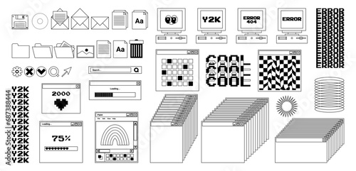 User Interface y2k stickers. Retro icon browser, buttons, screen computer, folder, file, document thumbnails, loading progress bar, notifications and more. Black, white colors. Vector illustration.
