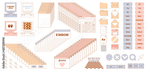 User Interface y2k stickers. Retro icon browser, buttons, screen computer, folder, file, document thumbnails, loading progress bar, notifications and more. Delicate pastels vector illustration.
