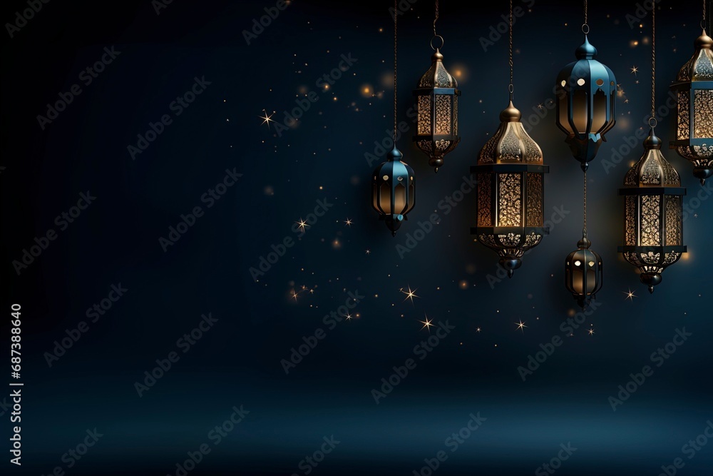 eid al fitr greeting with lanterns on dark blue background with generative ai eid al fitr greeting with lanterns on dark blue background with generative ai