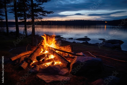 Bonfire on the shore of a lake at sunset. Camping in the forest, Wild campfire in a national park in Sweden, AI Generated