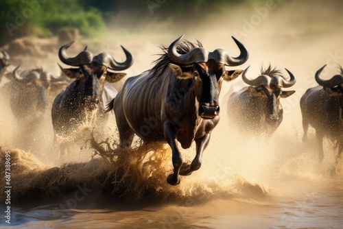Wildebeest Connochaetes taurinus running in water, Wildebeests are crossing Mara river. Great Migration. Kenya. Tanzania. Maasai Mara National Park, AI Generated photo