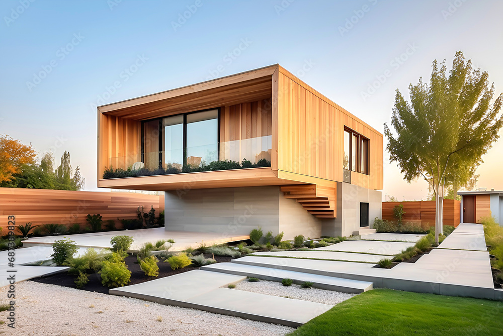 Picture of Modern small minimalist cubic house with wooden cantilever and concrete ...