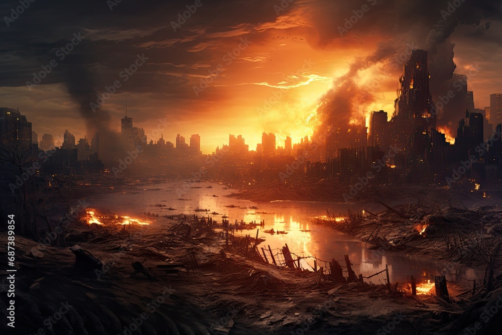 Dangerous fire in the city at night. 3D rendering, World collapse, doomsday scene, digital painting, AI Generated