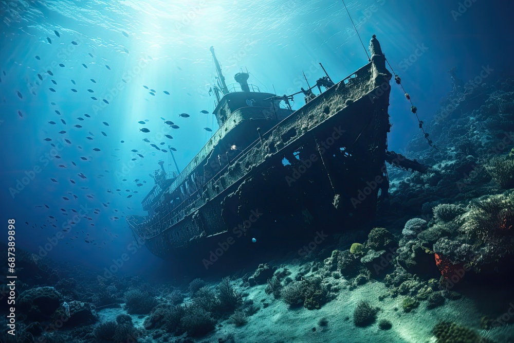 Underwater view of the sunken ship in the Red Sea, Wreck of a ship in the blue sea, with scuba diving equipment, AI Generated